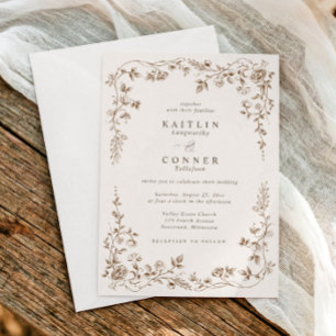Invitación Boda Floral Francesa Vintage Marrón y Crema