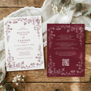 Invitación Boda floral francesa vintage rojo burdeos