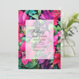 Invitación Boda floral fucsia, verde esmeralda y negro