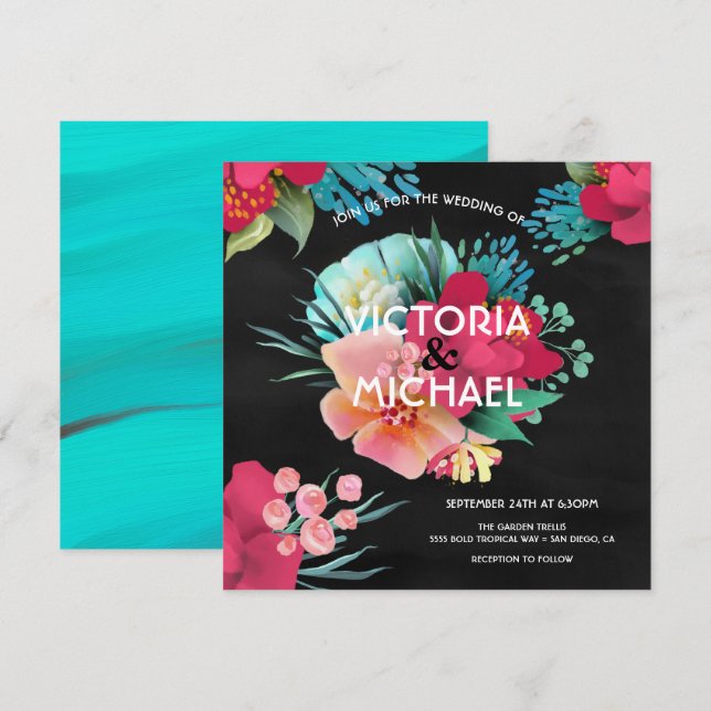 Invitación Boda floral fuerte y brillante (Anverso / Reverso)