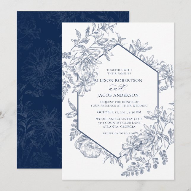 Invitación Boda floral geométrica azul y blanco de la marina (Anverso / Reverso)