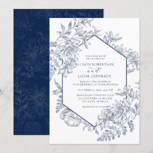 Invitación Boda floral geométrica azul y blanco de la marina