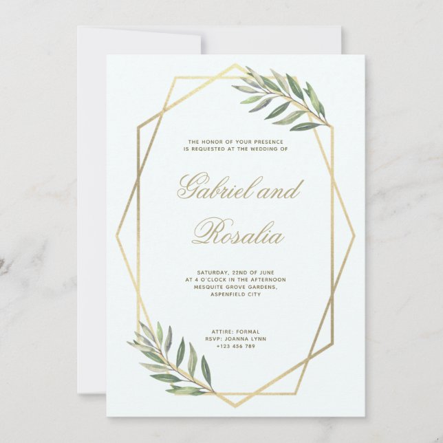 Invitación Boda floral geométrica blanco y dorado (Anverso)