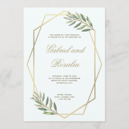 Invitación Boda floral geométrica blanco y dorado