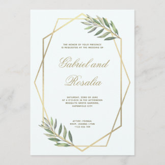 Invitación Boda floral geométrica blanco y dorado