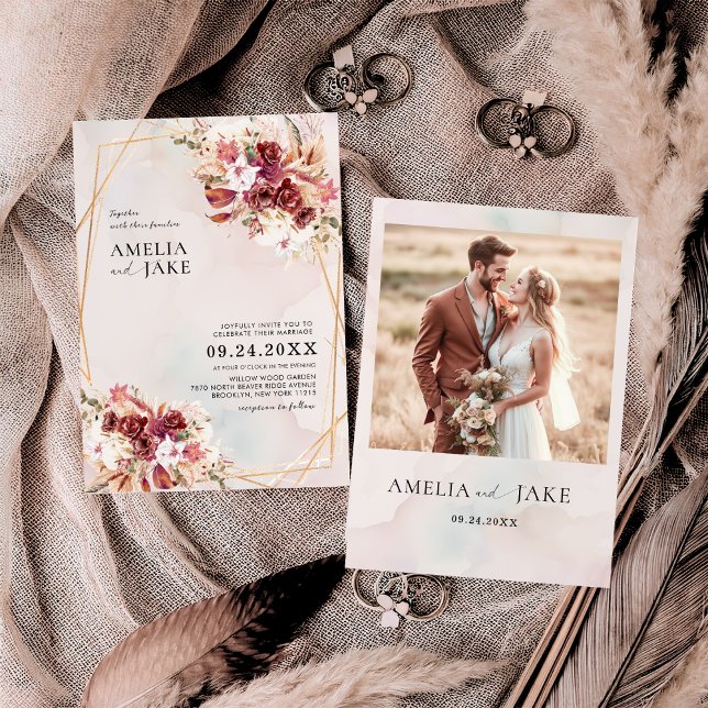Invitación Boda Floral Geométrica Burgundy Pampas (Subido por el creador)