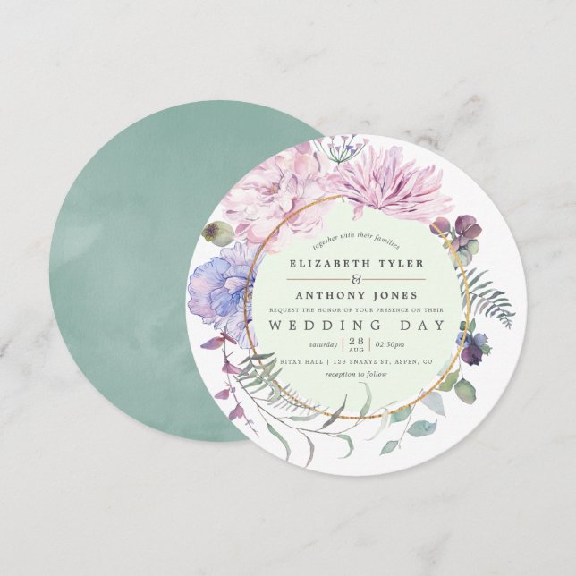 Invitación Boda floral geométrica con rubor y menta (Anverso / Reverso)