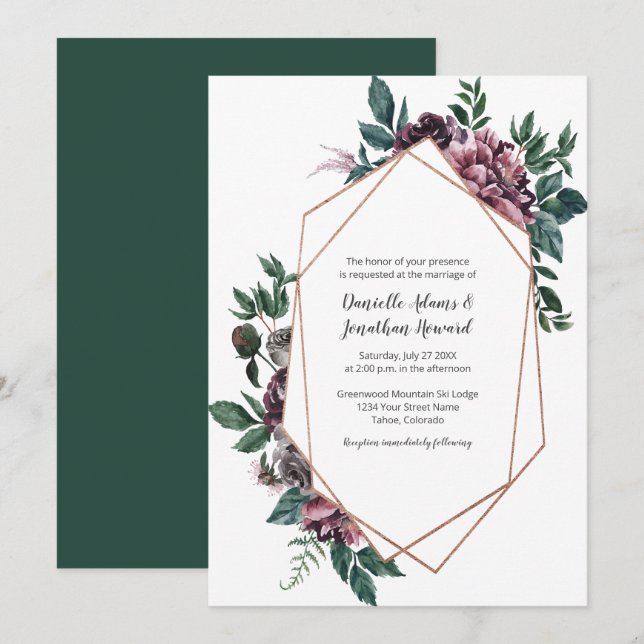 Invitación Boda floral geométrica de borgoña (Anverso / Reverso)
