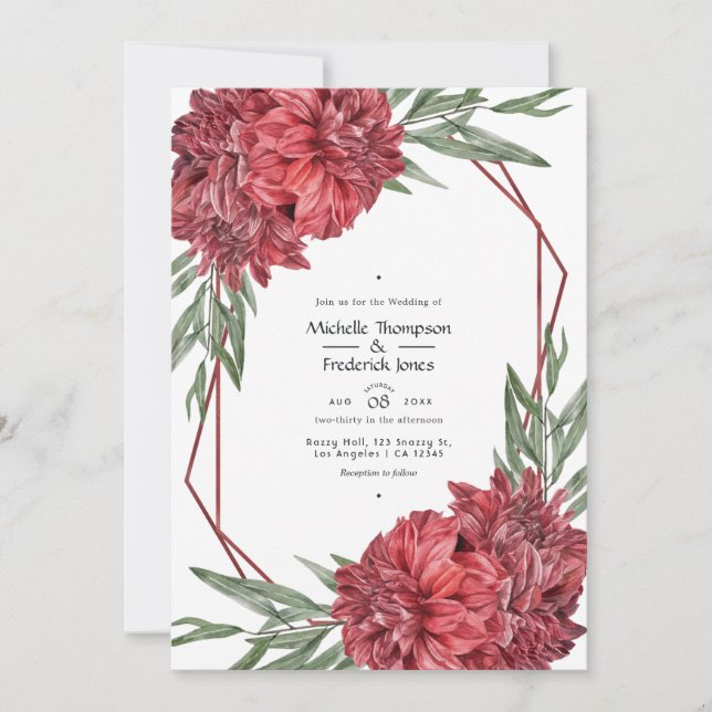 Invitación Boda floral geométrica de borgoña y blanco (Anverso)