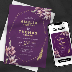 Invitación Boda floral geométrica de ciruela y oro elegante