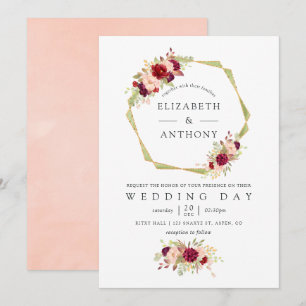 Invitación Boda floral geométrica de color burdeos y rosa blu