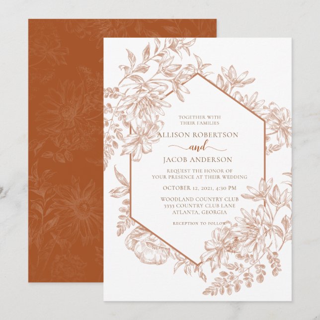 Invitación Boda floral geométrica de Cotta blanca y temeraria (Anverso / Reverso)