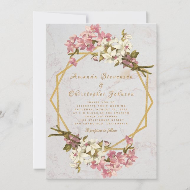 Invitación Boda Floral Geométrica de Mármol Dorado y Orquídea (Anverso)