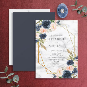 Invitación Boda floral geométrica de mármol Rubor azul de la 