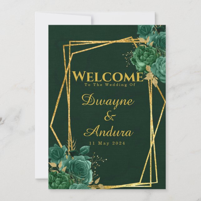 Invitación Boda floral geométrica de oro y verde esmeralda (Anverso)