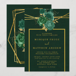 Invitación Boda floral geométrica de oro y verde esmeralda