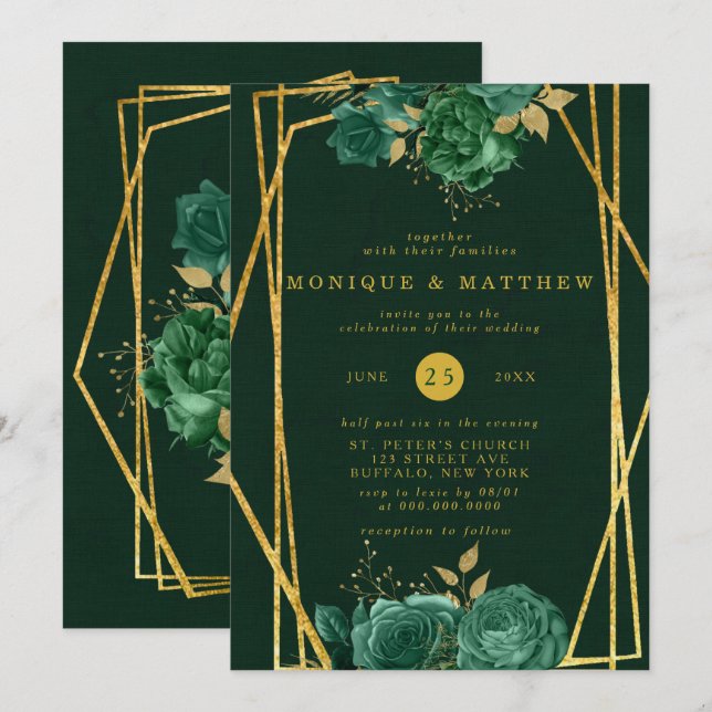 Invitación Boda floral geométrica de oro y verde esmeralda (Anverso / Reverso)