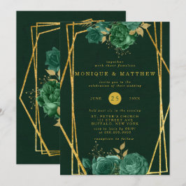 Invitación Boda floral geométrica de oro y verde esmeralda