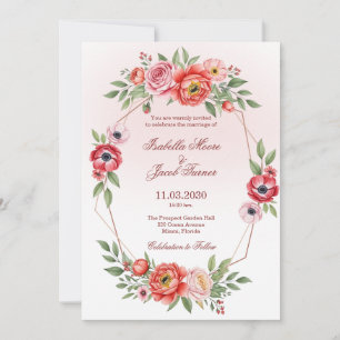 Invitación Boda floral geométrica de peonía rosa y anémona