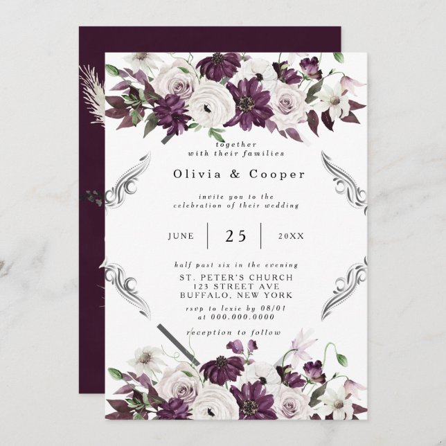 Invitación Boda floral geométrica de plumas y plata (Anverso / Reverso)