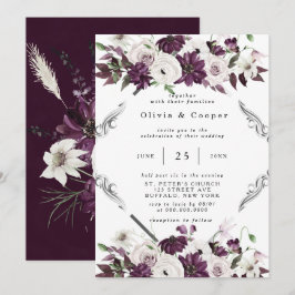 Invitación Boda floral geométrica de plumas y plata