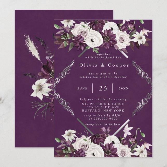 Invitación Boda floral geométrica de plumas y plata (Anverso / Reverso)