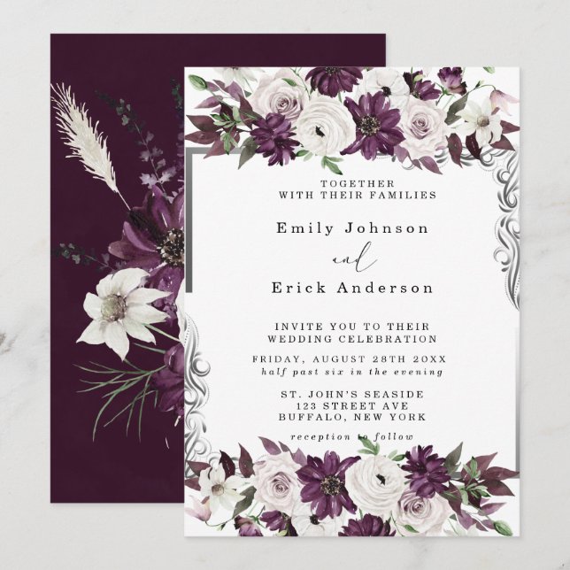 Invitación Boda floral geométrica de plumas y plata (Anverso / Reverso)