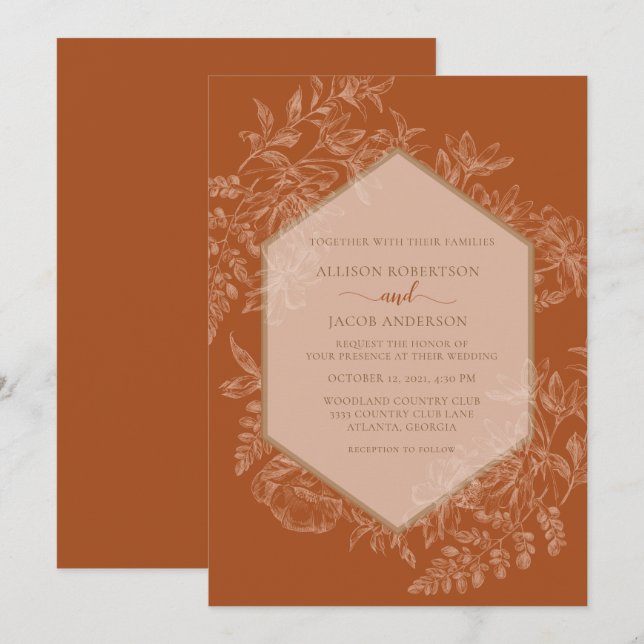 Invitación Boda floral geométrica de Terra Cotta (Anverso / Reverso)