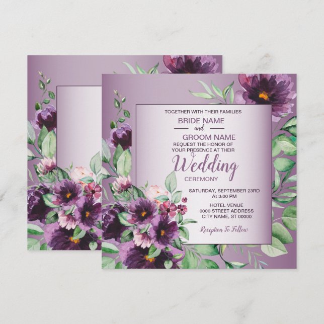 Invitación Boda floral geométrica de vegetación con rubor púr (Anverso / Reverso)