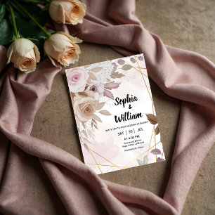 Invitación Boda floral geométrica elegante con acuarela rosad