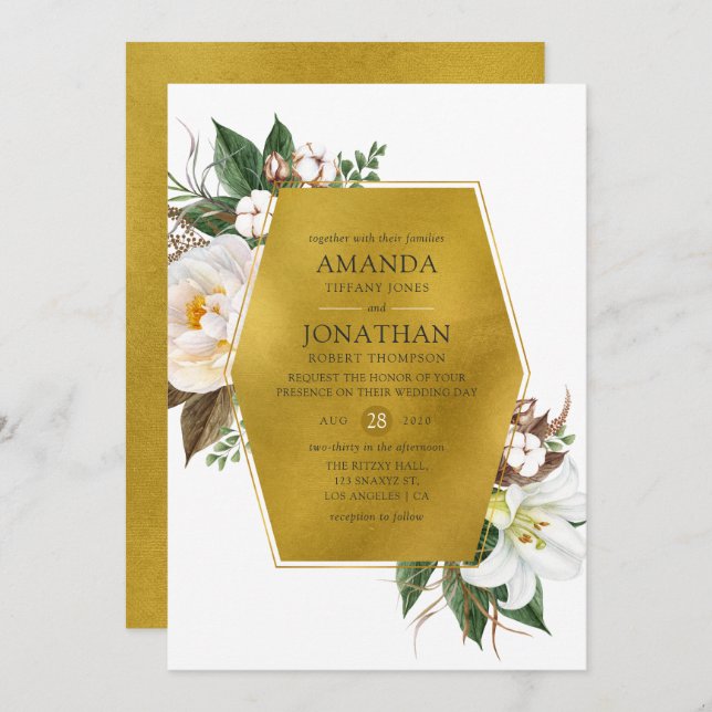 Invitación Boda floral geométrica Gold (Anverso / Reverso)