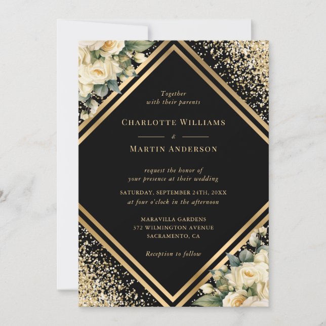 Invitación Boda floral geométrica marfileña de oro negro (Anverso)
