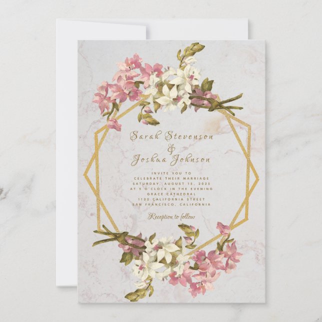 Invitación Boda Floral Geométrica Mármol Dorado y Flores (Anverso)