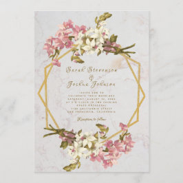 Invitación Boda Floral Geométrica Mármol Dorado y Flores