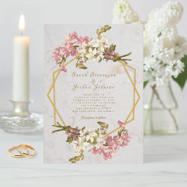 Invitación Boda Floral Geométrica Mármol Oro y Flores