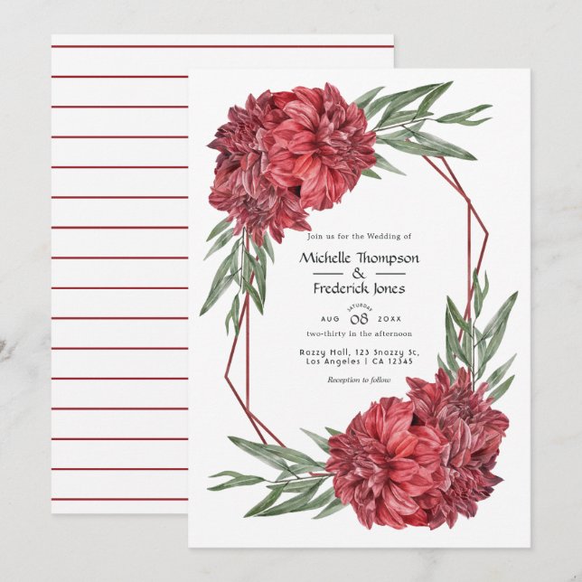 Invitación Boda floral geométrica moderna de Burdeos (Anverso / Reverso)