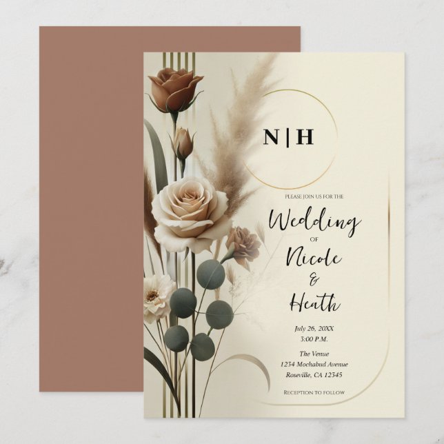Invitación Boda floral geométrica neutral crema y moca (Anverso / Reverso)