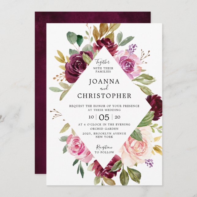 Invitación Boda floral geométrica Pluma púrpura Rubor rosa