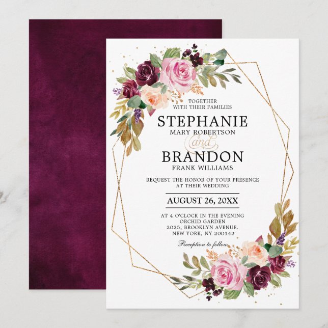 Invitación Boda floral geométrica Pluma púrpura Rubor rosa (Anverso / Reverso)