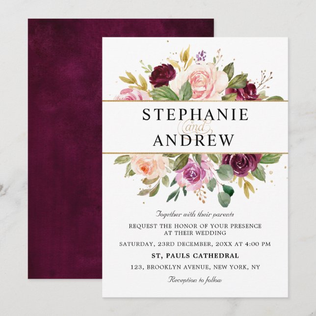 Invitación Boda floral geométrica Pluma púrpura Rubor rosa (Anverso / Reverso)