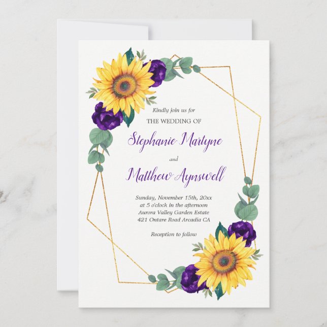 Invitación Boda Floral Geométrica Púrpura de Giro (Anverso)