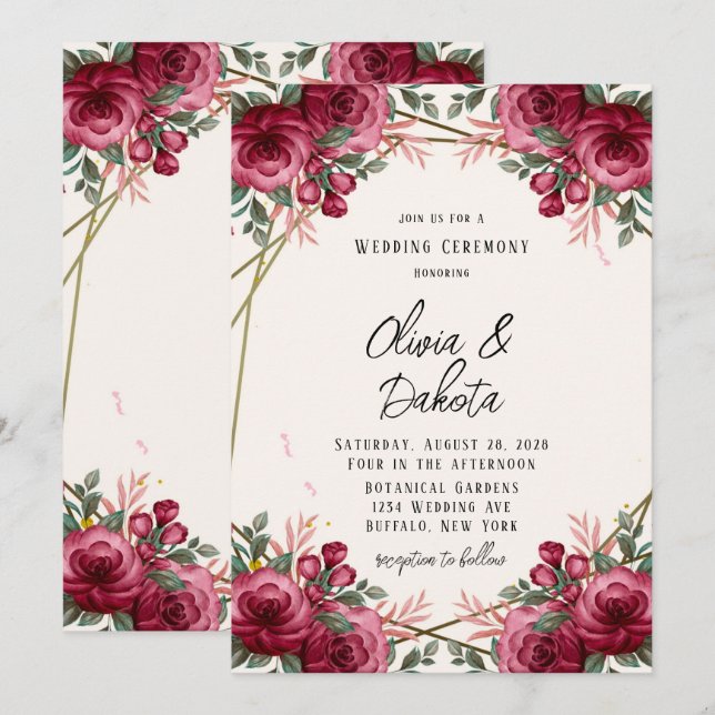 Invitación Boda floral geométrica Rosa (Anverso / Reverso)
