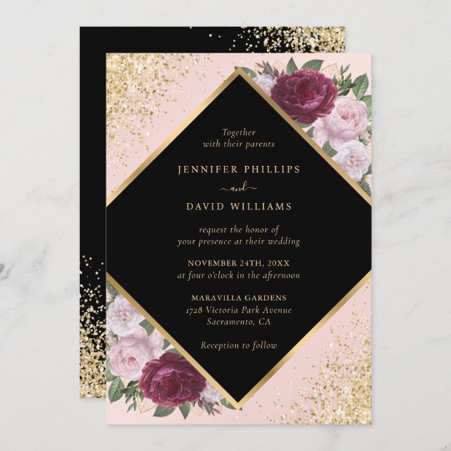 Invitación Boda floral geométrica Rubor Gold de Borgoña Negra (Anverso / Reverso)