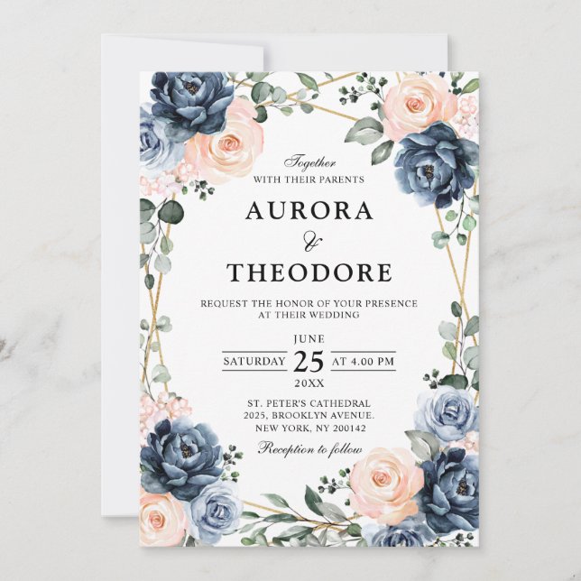 Invitación Boda Floral Geométrica Rubor Peach Azul Dusto (Anverso)