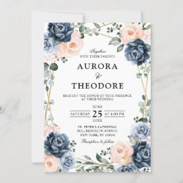 Invitación Boda Floral Geométrica Rubor Peach Azul Dusto