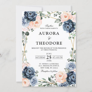 Invitación Boda Floral Geométrica Rubor Peach Azul Dusto