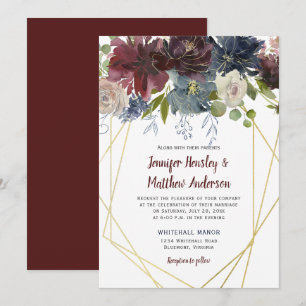 Invitación Boda Floral Geométrica Rústica Burgundy Navy Rosa