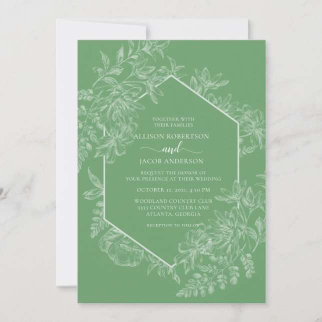 Invitación Boda floral geométrica verde y blanco fresco (Anverso)