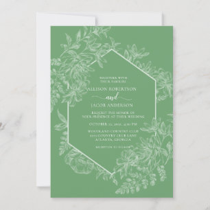 Invitación Boda floral geométrica verde y blanco fresco