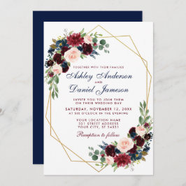 Invitación Boda floral geométrico azul borgoña